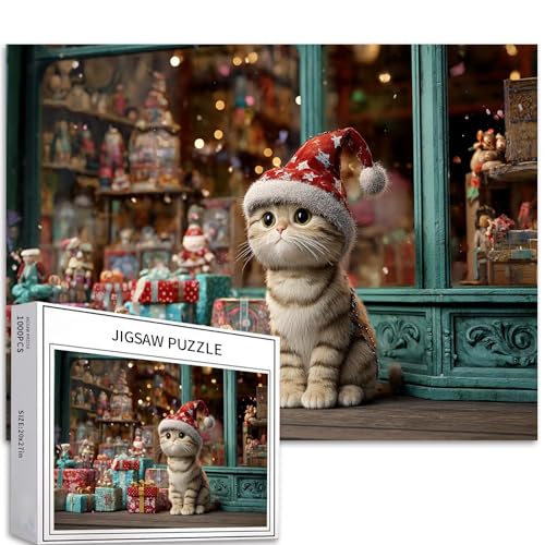 Katze mit Weihnachtsmannmütze, 1000-teiliges Puzzle für Erwachsene, Vintage-Spielzeug, Fenster, Hintergrund, Puzzle, bunte DIY-Puzzles für Heimdekoration, Geschenke, Familienpuzzle, perfekt für von Generic