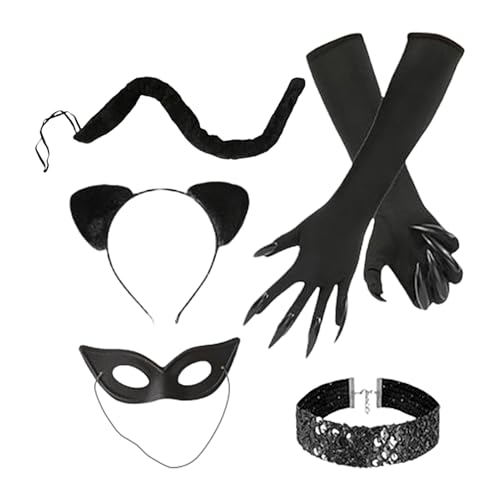Katzenanzug Frauen - Kleid Kostüm Halloween | 5pcs Frauen Tracht | Halloween Party Kostümset | Schwarze Katze Kostüm Zubehör für Frauen Halloween Maskerade Kostüm Erwachsene von Generic