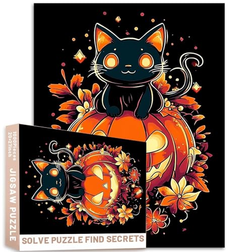 Katzenkürbis-Halloween-Design-Puzzle, Volkskunst, 1000 Teile, dunkle, ästhetische, bunte DIY-Puzzles für Heimdekoration, Geschenke, Familienpuzzle, perfekt für Spieleabende von Generic