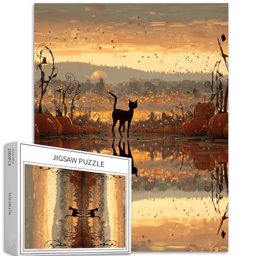 Katzenreflexion Puzzle für Erwachsene, Halloween, Märchen-Szene, Kunst-Puzzle, herausfordernde Familienaktivitäten, buntes Bastelpuzzle für Heimdekoration, Geschenke, 50,8 x 68,6 cm, 1000 Teile von Generic