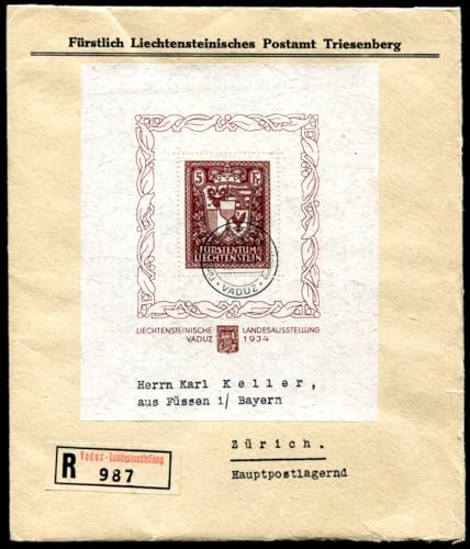Kayser Liechtenstein 1934 BLOCK1 sehr schön auf OFFIZIELLEM R-Brief(S9364c von Generic