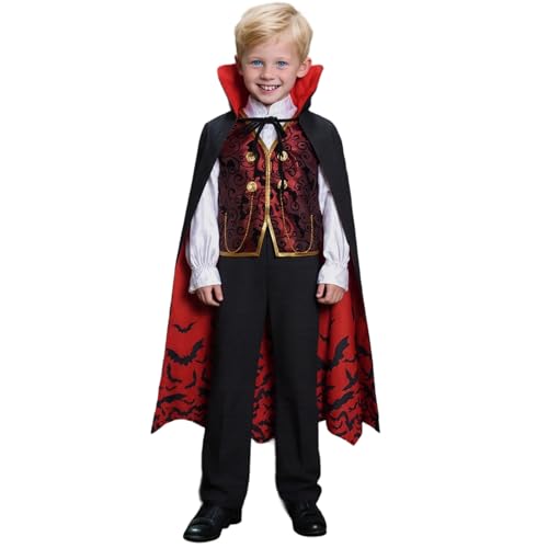 Kinder Halloween Cosplay Kostüme,Elegant Stehkragen Design Hofkleidung + Hose + Umhang 3-teiliges Set,Mädchen & Jungen Themenpartys Mittelalterliches Party-Outfit für 3-12 Jahre (Black, 3-4 Years) von Generic