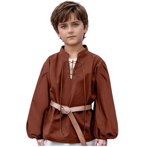 Kinder-Mittelalter-Outfit bequemes historisches Kostüm für Jungen ideal für Fasching Karneval und Theater Braun Baumwolle atmungsaktiv mit Gürtel und Schnürung (Coffee, 12-14 Years) von Generic
