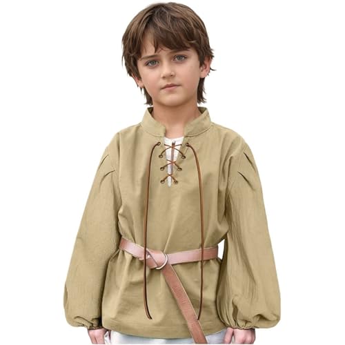 Kinder-Mittelalter-Outfit bequemes historisches Kostüm für Jungen ideal für Fasching Karneval und Theater Braun Baumwolle atmungsaktiv mit Gürtel und Schnürung (Khaki, 8-10 Years) von Generic