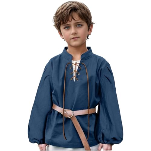 Kinder-Mittelalter-Outfit bequemes historisches Kostüm für Jungen ideal für Fasching Karneval und Theater Braun Baumwolle atmungsaktiv mit Gürtel und Schnürung (Navy, 12-14 Years) von Generic