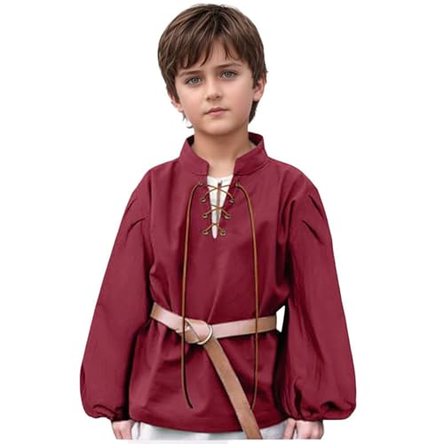 Kinder-Mittelalter-Outfit bequemes historisches Kostüm für Jungen ideal für Fasching Karneval und Theater Braun Baumwolle atmungsaktiv mit Gürtel und Schnürung (Red, 12-14 Years) von Generic