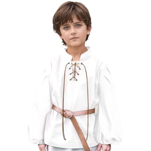 Kinder-Mittelalter-Outfit bequemes historisches Kostüm für Jungen ideal für Fasching Karneval und Theater Braun Baumwolle atmungsaktiv mit Gürtel und Schnürung (White, 4-6 Years) von Generic