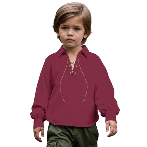 Kinder-Mittelalter-Outfit historisches Kostüm für Jungen ideal für Karneval Fasching und Theater Braun Baumwolle atmungsaktiv mit Gürtel und Schnürung fantasievolle Verkleidung (Red, 6-8 Years) von Generic