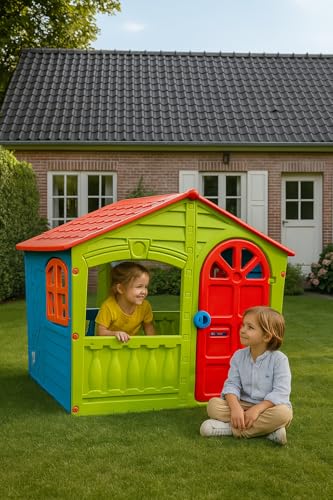 Kinderspielhaus für Außen/Innenraum, 130 x 111 x 115 cm, Kunststoff Spielhaus mit Tür und Fenstern, Grün/Rot/Blau, ab 2 Jahren von Generic