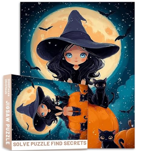 Kleine Hexe sitzender Kürbis schwarze Katzen Fledermäuse Mondlicht 1000 Teile Puzzle Erwachsene Halloween Nacht 68,6 x 50,8 cm herausfordernde Familienaktivitätsspiele buntes DIY Bastelpuzzle für Kleine Hexe sitzender Kürbis schwarze Katzen Fledermäuse Mondlicht 1000 Teile Puzzle Erwachsene Halloween Nacht 68,6 x 50,8 cm herausfordernde Familienaktivitätsspiele buntes DIY Bastelpuzzle für von Generic
