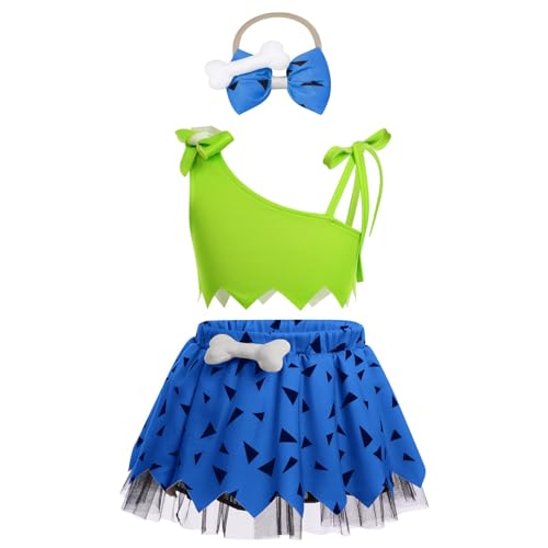 Kleine Mädchen Cosplay Höhlenmensch Kostüm Mädchen Halloween Karneval Hundeknochen Historisches Kleid mit Stirnband 3PCS Baby Mädchen Mesh Tüll Kleid Outfits (Blue, 2-3 Years) von Generic