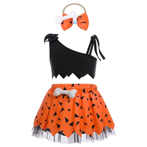 Kleine Mädchen Cosplay Höhlenmensch Kostüm Mädchen Halloween Karneval Hundeknochen Historisches Kleid mit Stirnband 3PCS Baby Mädchen Mesh Tüll Kleid Outfits (Orange, 5-6 Years) von Generic