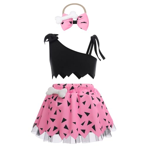 Kleine Mädchen Cosplay Höhlenmensch Kostüm Mädchen Halloween Karneval Hundeknochen Historisches Kleid mit Stirnband 3PCS Baby Mädchen Mesh Tüll Kleid Outfits (Pink, 12-24 Months) von Generic