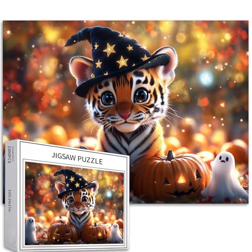 Kleiner Tiger mit schwarzem Hut mit Sternen, 1000-teiliges Puzzle für Erwachsene, Halloween-Kunstpuzzle, anspruchsvolle Familienaktivitäten, buntes Bastelpuzzle für Heimdekoration, Geschenke, 70 × 50 Kleiner Tiger mit schwarzem Hut mit Sternen, 1000-teiliges Puzzle für Erwachsene, Halloween-Kunstpuzzle, anspruchsvolle Familienaktivitäten, buntes Bastelpuzzle für Heimdekoration, Geschenke, 70 × 50 von Generic