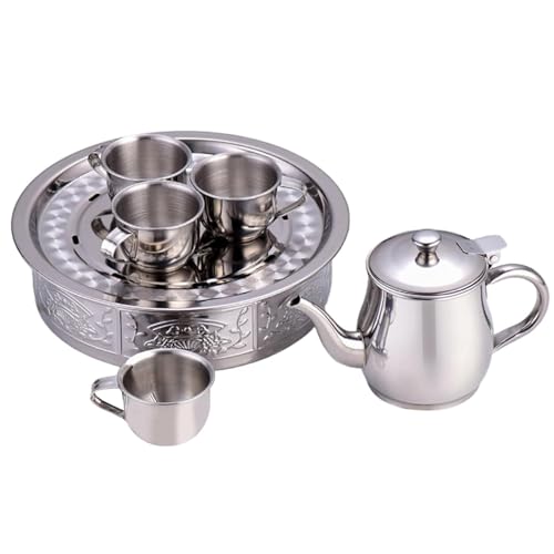 Kleines Edelstahl-Teeset - Kinder-Teeset 330 ml langer Auslauf mit Filter-Teekanne | 4 70 ml Tassen und Tablett | Langer Auslauf Teekanne Trinkgeschirr für Mädchen Studenten Anfänger von Generic