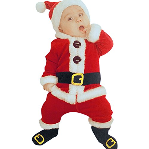 Kleinkind Baby Jungen Mädchen Weihnachtsmann Kostüm Samt Langarm Weihnachtsjacke Tops+Hosen+Weihnachtsmütze+Socken 4-teiliges Set Meine ersten Weihnachts-Cosplay-Outfits (Red, 70) von Generic