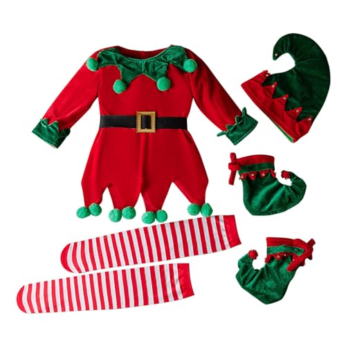 Kleinkind Baby Jungen Mädchen Weihnachtsmann Kostüm Samt Langarm Weihnachtskleid + gestreifte Socken + Weihnachtsmütze + Schuhe 4-teiliges Set Baby Kleidung Neugeborene (Red, 4-5 Years) von Generic