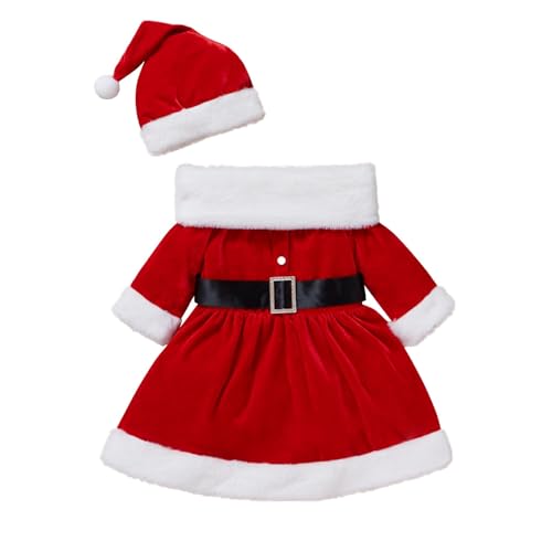 Kleinkind Baby Kinder Mädchen Langarm Santa Cosplay Kleid Weihnachten Weihnachten Party Prinzessin Fleece Kleid + Hut + Halstuch Weihnachtskostüm für Baby Mädchen (Red, 18-24 Months) von Generic