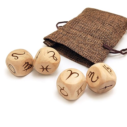 Kreatives Sternzeichen-Würfel-Set aus Holz, 4 Stück, 2 Paar, 12 Konstellationssymbol-Muster, Würfel für Tarot-Spiel, Wahrsagungszubehör (Version 1 (2 Paar)) von Generic