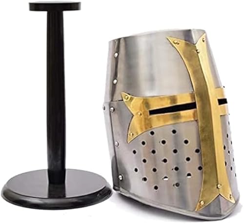 Kreuzritterhelm aus Messing, mittelalterliche Metallritterhelme, Premium-Qualität mit angepasstem Lederfutter, dunkle Kreuzzüge, tragbar für Erwachsene von Generic