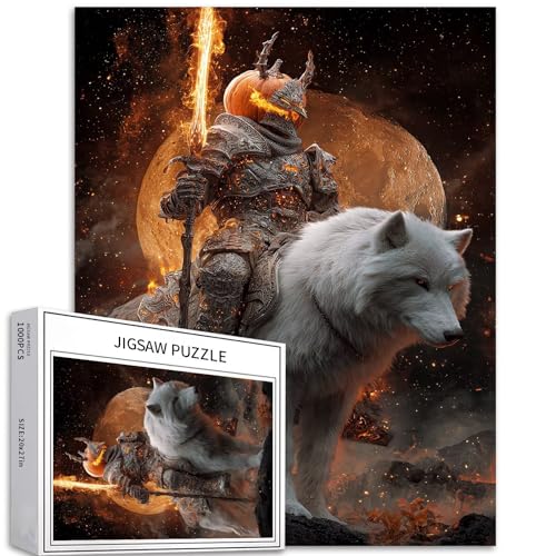 Krieger hält Kürbis Flaming Schwert 1000 Teile Puzzle für Erwachsene, Halloween, Wachkunst-Puzzle, herausfordernde Familienaktivitätsspiele, buntes DIY-Bastelpuzzle für Heimdekoration, Geschenke, 50 × von Generic