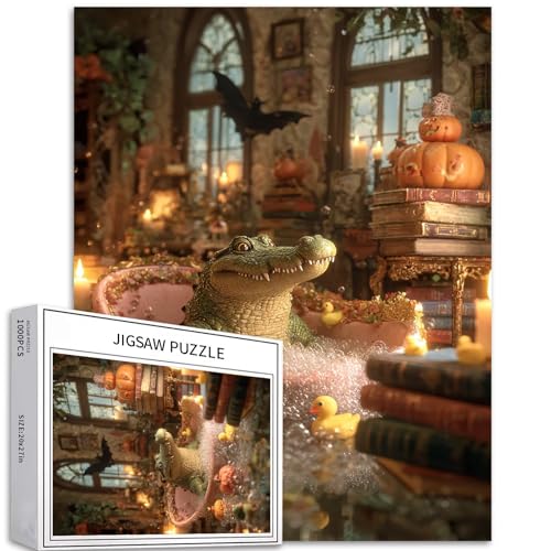 Krokodil Baden in der Badewanne, 1000-teiliges Puzzle für Erwachsene, Halloween, Badezimmer, Kunst, Puzzle, anspruchsvolle Familienaktivitäten, buntes Bastelpuzzle für Heimdekoration, Geschenke, 50 x von Generic