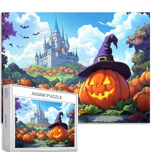 Kürbis mit Zaubererhut, 1000-teiliges Puzzle für Erwachsene, Halloween, Schloss, Hintergrund, Kunst, Puzzle, anspruchsvolle Familienaktivitäten, Spiele, bunt, DIY-Bastelpuzzle für Heimdekoration Kürbis mit Zaubererhut, 1000-teiliges Puzzle für Erwachsene, Halloween, Schloss, Hintergrund, Kunst, Puzzle, anspruchsvolle Familienaktivitäten, Spiele, bunt, DIY-Bastelpuzzle für Heimdekoration von Generic