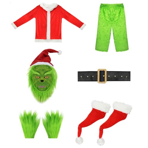 LHELYQL Grinch Kostüm 7-Teilig，Weihnachtsmann Kostüm Geeignet für Männer und Frauen，Perfekt für Weihnachtsfeiern, Cosplay, für Halloween Fasching Party, Vielseitige Größen (L) von Generic
