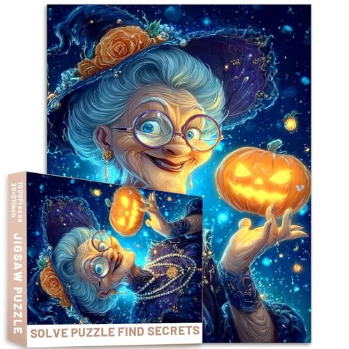 Lächelnde ältere Hexe mit leuchtenden Kürbissen, 1000 Teile, Erwachsenenpuzzle, Halloween-Thema, lebendige Farben, 68,6 x 50,8 cm, bunte DIY-Puzzles für Heimdekoration, Geschenke, Familienpuzzle Lächelnde ältere Hexe mit leuchtenden Kürbissen, 1000 Teile, Erwachsenenpuzzle, Halloween-Thema, lebendige Farben, 68,6 x 50,8 cm, bunte DIY-Puzzles für Heimdekoration, Geschenke, Familienpuzzle von Generic