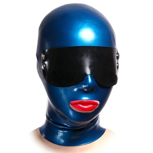 Latex Gummi Fetisch Maske Augenbinde Haube Handgemacht Maskerade Cosplay Halloween 0.45MM,Blau,L von Generic