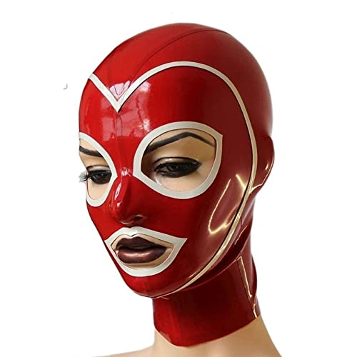 Latex Gummi Fetisch Maske Haube Handgemacht Augen Und Mund Offen Rot Maskerade Cosplay Halloween 0.45MM,Rot,L von Generic