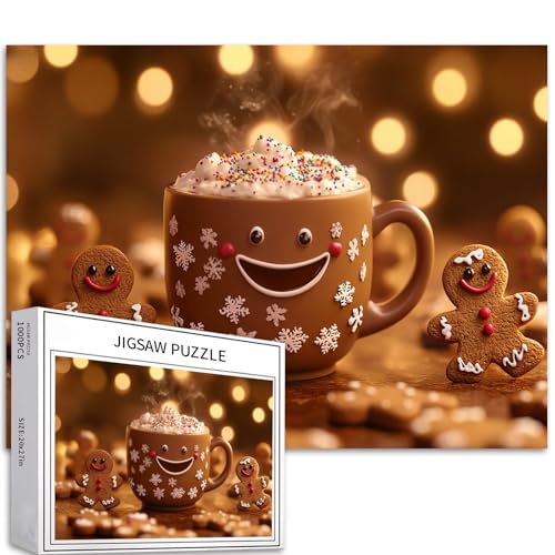 Lebkuchen-Charakter-Tasse, 1000-teiliges Puzzle für Erwachsene, Cartoon-Weihnachtsstil-Kunst-Puzzle, herausfordernde Familienaktivitäten, buntes Bastelpuzzle für Heimdekoration, Geschenke, 68 x 50 cm von Generic