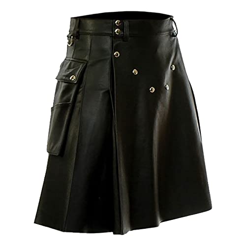 Leder Kilt Herren Mode Schottischer Kilt Einfarbig Utility Kilt Highland Irish Kilt mit Taschen Männer kurze Hosen Streetwear von Generic