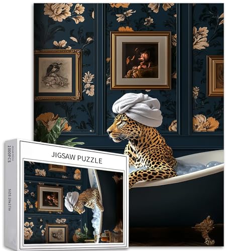 Leopard in der Badewanne, 1000-teiliges Puzzle für Erwachsene, Leopard mit Handtuch auf dem Kopf, Puzzle, herausfordernde Familienaktivitäten, buntes Bastelpuzzle für Heimdekoration, Geschenke, 50 x Leopard in der Badewanne, 1000-teiliges Puzzle für Erwachsene, Leopard mit Handtuch auf dem Kopf, Puzzle, herausfordernde Familienaktivitäten, buntes Bastelpuzzle für Heimdekoration, Geschenke, 50 x von Generic