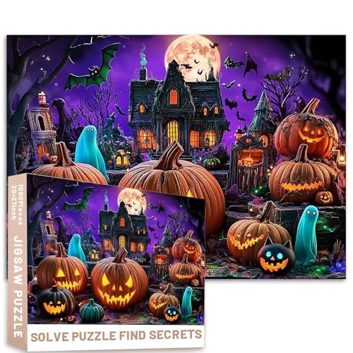 Leuchtender Kürbis Halloween-Puzzle, leuchtende Farben, 68,6 x 50,8 cm, Hexenhütte, Hyperrealismus, herausfordernde Familienaktivitäten, buntes Bastelpuzzle für Heimdekoration, Geschenke von Generic