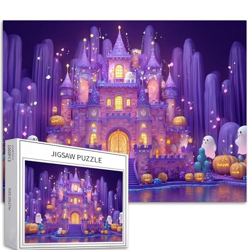 Lila Halloween Candy Castle 1000 Teile Puzzle für Erwachsene Märchenatmosphäre Kunst-Puzzle Herausfordernde Familienaktivitätsspiele Buntes DIY Handwerk Puzzle für Heimdekoration Geschenke 70 × 50 cm von Generic
