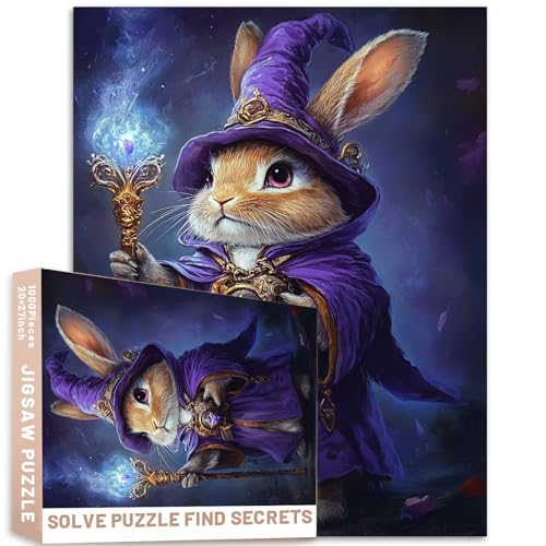 Lila Robe Hasen-Zauberer-Puzzle, Zauberer, Fantasie-Kunst, 1000 Teile, 50 x 70 cm, traumhafte Charakter-Illustration, bunte DIY-Puzzles für Heimdekoration, Geschenke, Familienpuzzle, perfekt für von Generic