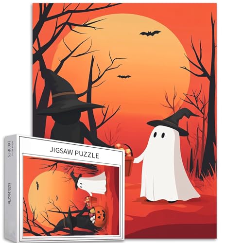 Little Ghost Holding a Candy Bucket Puzzle 1000 Teile Puzzle für Erwachsene, Hexen-Silhouette, Puzzle, bunte DIY-Puzzles für Heimdekoration, Geschenke, Familienpuzzle, perfekt für Spielabende, 50 x 70 von Generic