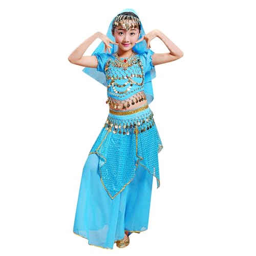 Mädchen Bauchtanz Pailletten Indischer Tanz Kostüm Halloween Tragen Karneval Sets Baby Set Neugeborene Kleidung Kurze Latzhose Mädchen (Sky Blue, 9-10 Years) von Generic