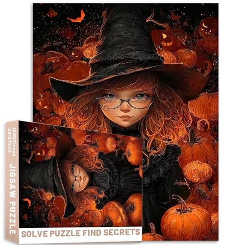 Mädchen Hexenkostüm unter Kürbissen, Kunststil-Puzzle, 1000 Teile, Erwachsene, orange-schwarze Palette, 68 x 50 cm, bunt, DIY-Puzzles für Heimdekoration, Geschenke, Familienpuzzle, perfekt für Mädchen Hexenkostüm unter Kürbissen, Kunststil-Puzzle, 1000 Teile, Erwachsene, orange-schwarze Palette, 68 x 50 cm, bunt, DIY-Puzzles für Heimdekoration, Geschenke, Familienpuzzle, perfekt für von Generic