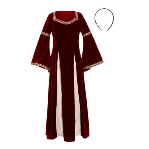 Mädchen Retro-Ärmelkleid mit Schallermanschetten mit Kopfschmuck Bühnenaufführungskostüm COSPLAY-Kleidung Medieval Renaissance Dress Halloween (Red, 10-12 Years) von Generic