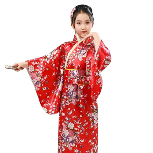 Mädchen Yukata Kimono Japanisches Traditionelles Kleid Satin Kimono Kleid Für Kinder Anime Robe Kostüm Japanischer Stil Kimono Yukata Ballkleid Abendkleider Karneval Halloween (1-Red, 7-8 Years) von Generic