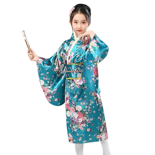 Mädchen Yukata Kimono Japanisches Traditionelles Kleid Satin Kimono Kleid Für Kinder Anime Robe Kostüm Japanischer Stil Kimono Yukata Ballkleid Abendkleider Karneval Halloween Kostüm (Blue, 6-7 Years) von Generic