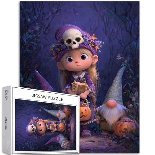 Mädchen mit Totenkopf-Hut, 1000-teiliges Puzzle für Erwachsene, Halloween-Cartoon-Stil, Kunst-Puzzle, bunt, DIY-Puzzles für Heimdekoration, Geschenke, Familienpuzzle, perfekt für Spielabende, 50 x 70 von Generic