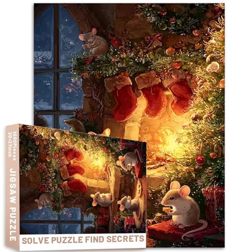 Mäuse, Kamin, Weihnachtsbaum, Puzzle, gemütliches Raum, 1000 Teile, friedliche Urlaubskunst, Erwachsene, anspruchsvolle Familienaktivitäten, Spiele, bunt, Bastelpuzzle für Heimdekoration, Geschenke von Generic