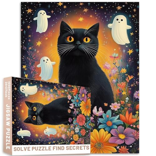 Magische schwarze Katze, Puzzle, 1000 Teile, Sternenhimmel, Geisterbegleiter, verträumte Szene, 50 x 70 cm von Generic