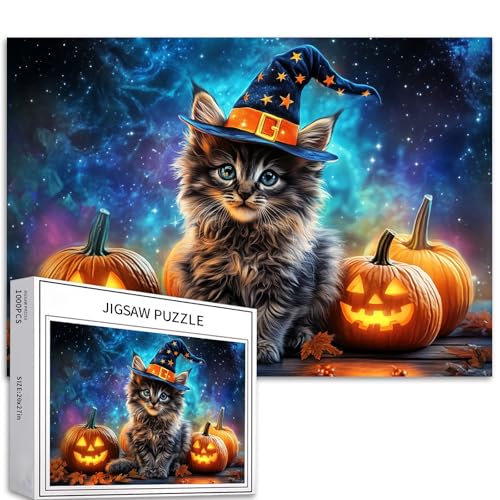 Maine Coon Kitten Wizard Hat Stars 1000 Teile Halloween Puzzle Erwachsene Anfänger Leuchtende Kürbisse Nachthimmel Herausforderndes Puzzle 68,6 x 50,8 cm von Generic