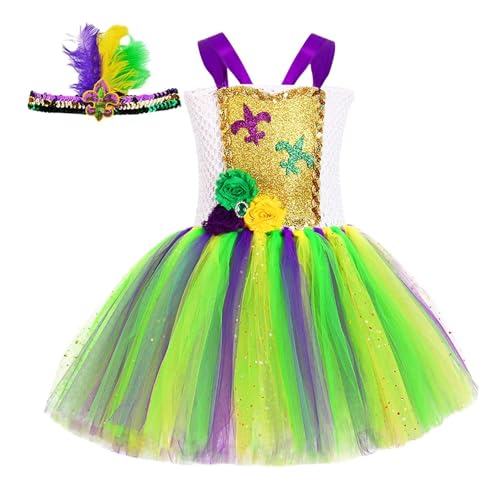 Mardi Gras-Kostüm, Brautjungfernkleid, Cosplay-Kleid, Blumenmädchenkostüm, Regenbogen-Tutu-Kleid, Mardi Gras Zubehör mit Stirnband für 1-8 von Generic