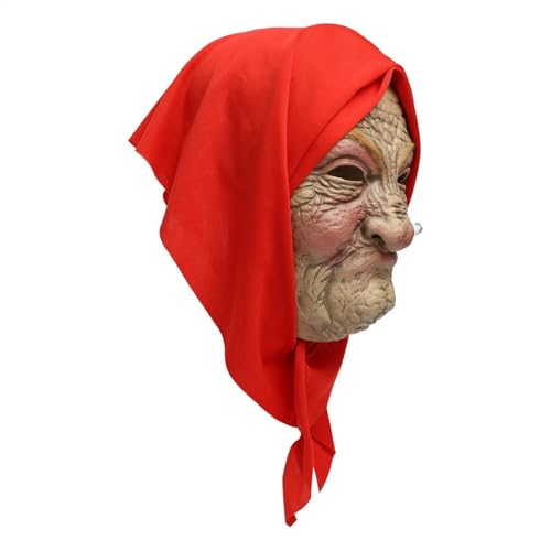 Maske der alten Latexfrau mit Red Turban - Halloween Kostümzubehör | Realistische Cosplay -Covers, Partys und Ereignisse, das Gesicht der Großmutter von Generic