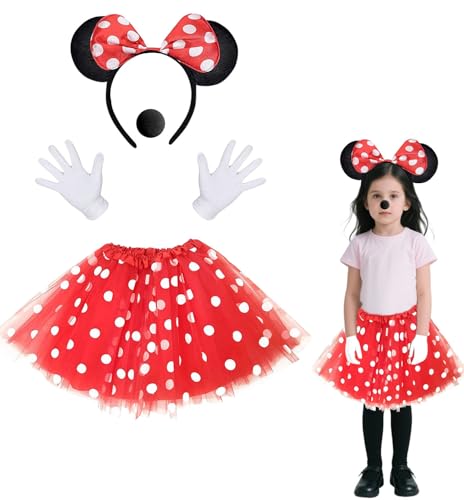 Maus-Kostüm-Set, 4-teiliges Maus-Kostüm-Zubehör, Tierohren-Haarband mit Schleife, Handschuhen, Nase und Tupfen, Tutu, Halloween, Cosplay, Geburtstagsparty, Verkleidung, Rot, Größe S Maus-Kostüm-Set, 4-teiliges Maus-Kostüm-Zubehör, Tierohren-Haarband mit Schleife, Handschuhen, Nase und Tupfen, Tutu, Halloween, Cosplay, Geburtstagsparty, Verkleidung, Rot, Größe S von Generic